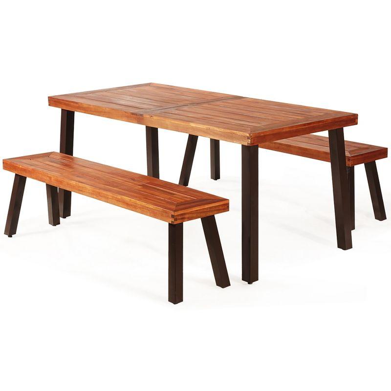 Costway 3 Pieces Picnic Table Set Acacia Wood Table Bench with Steel Legs Outdoor Patio