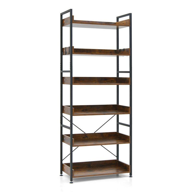 Costway 6-Tier Bookshelf Open Display Shelves Storage Rack Metal Frame with 4 Hooks Rustic