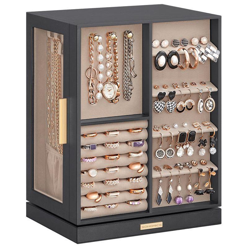 Jewelry Box 360¡ã Rotating, Jewelry Storage Case with 5 Drawers, Jewelry Organizer, Glass Window, Spacious Slate Gray