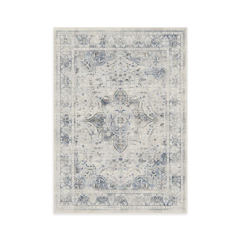 Off-White and Blue 5' x 7' Synthetic Flatwoven Washable Area Rug