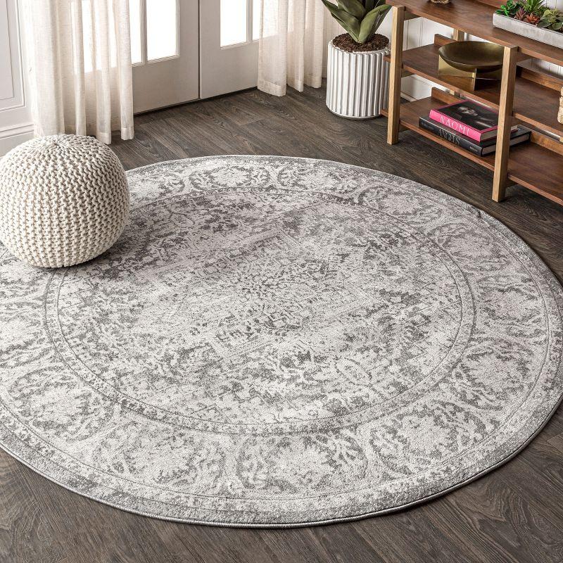 5' round Modern Persian Vintage Medallion Area Rug, Light Grey - JONATHAN Y