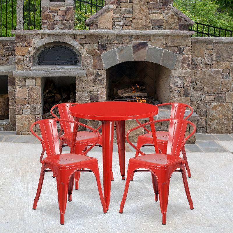 30" Red Metal Round Indoor-Outdoor Dining Set with 4 Chairs