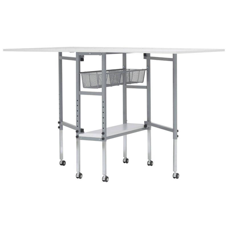 Adjustable Silver and White Folding Cutting Table with Grid Top