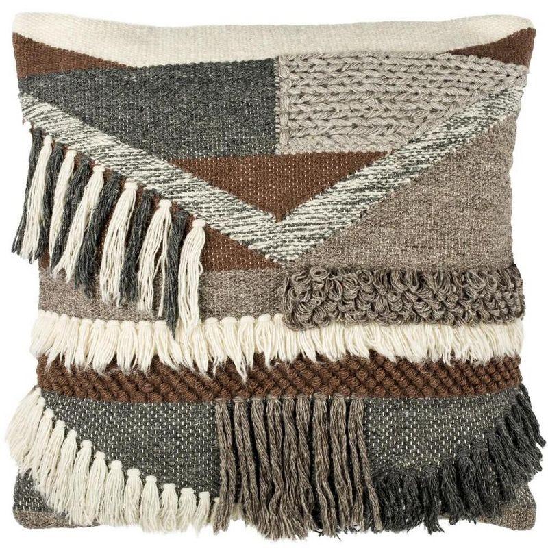 Freja 20" Charcoal and Brown Geometric Wool Throw Pillow