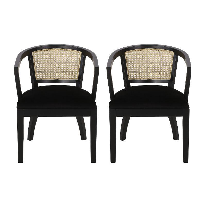 Black Velvet Upholstered Wood and Cane Arm Chair Set