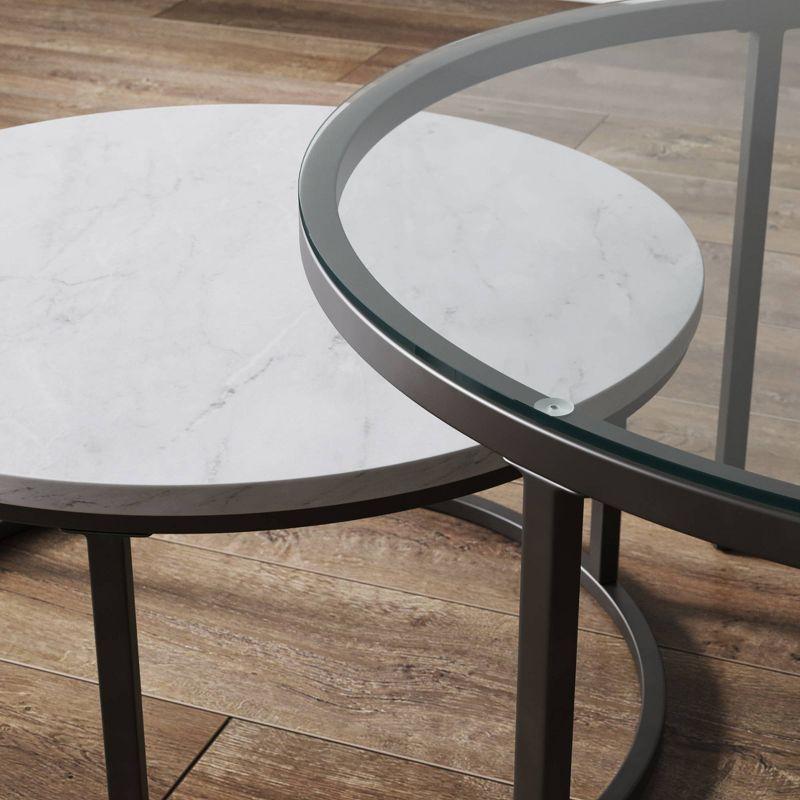 Stella Round White and Gunmetal Nesting Coffee Tables with Glass and Marble Finish