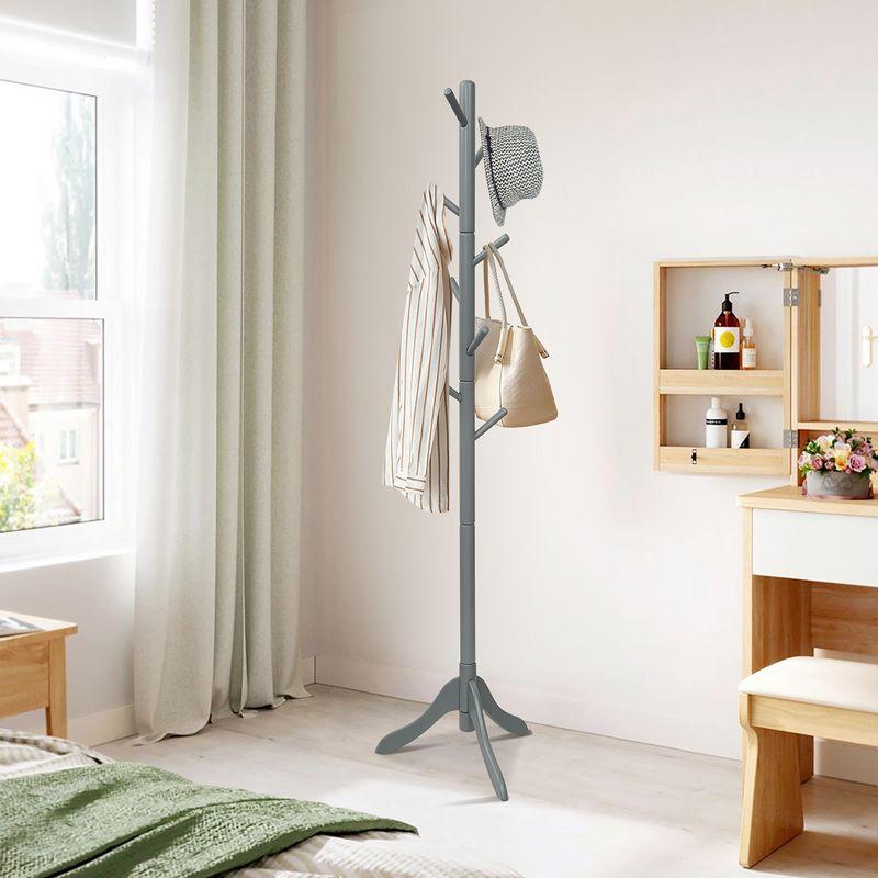 Gray Rubber Wood Adjustable Height Coat Rack with 8 Hooks