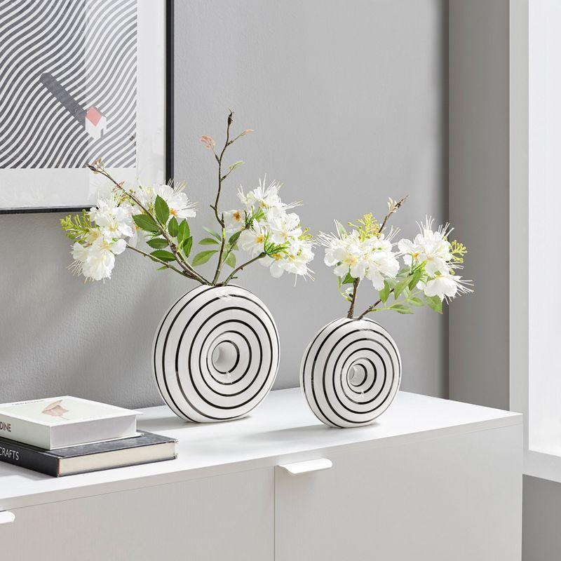 Danya B. Etta Two Piece Glossy Ceramic Black and White Striped Round Hollow Circle Donut Vase Set