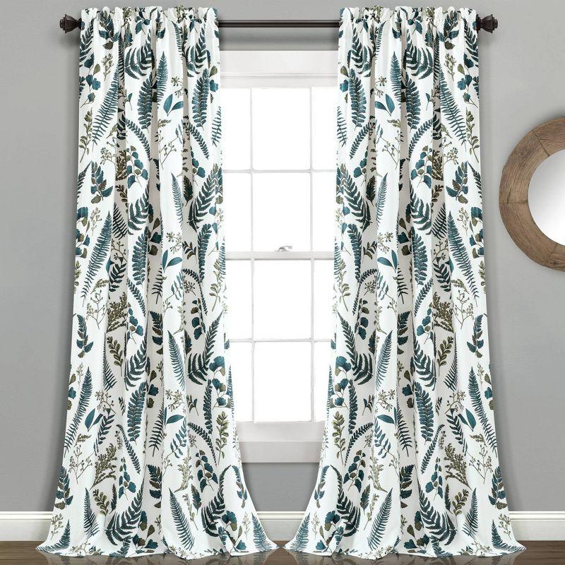 White and Green Floral Polyester Blackout Curtain Panels