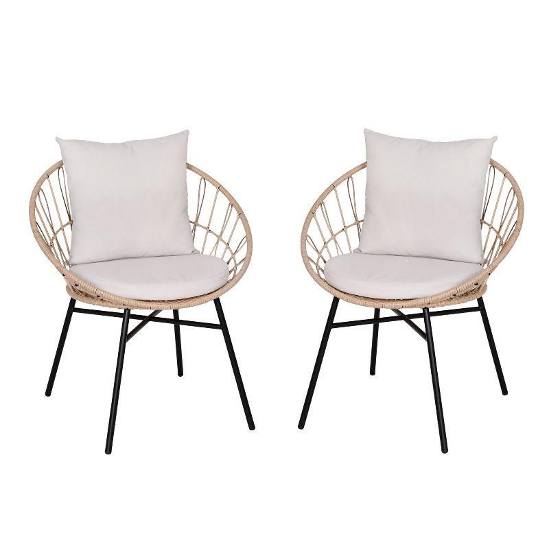 Flash Furniture Devon Set of 2 Indoor/Outdoor Modern Papasan Patio Chairs, Rope with Tan Finish PE Wicker Rattan and Light Gray Cushions