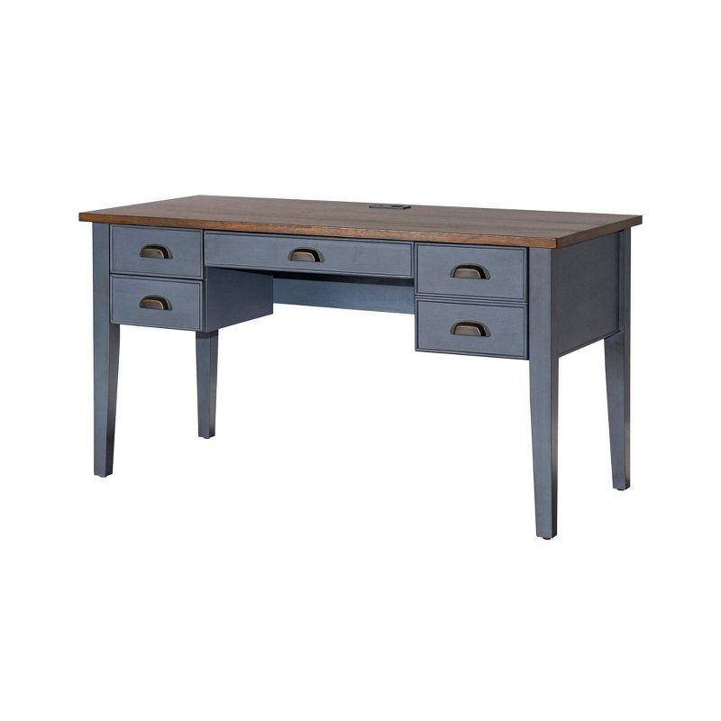 Transitional Blue-Brown Wood Executive Desk with Power Outlet and Drawers