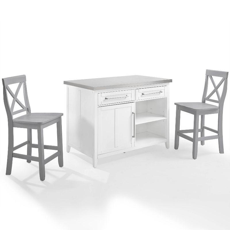 Silvia 51'' White and Gray Kitchen Island with Stainless Steel Top and X-Back Stools