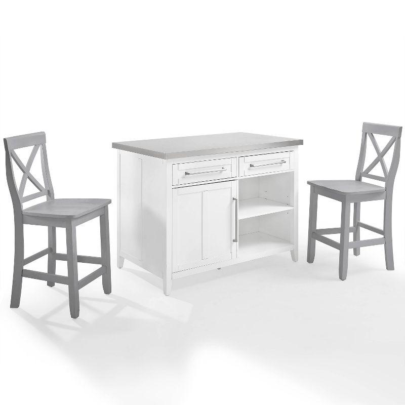 Silvia Stainless Steel Top Kitchen Island with X Back Stools White/Gray - Crosley