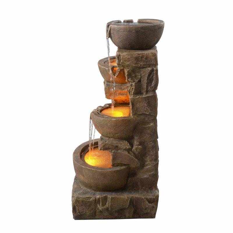 Teamson Home 33.27" Polyresin Cascading Bowls & Stacked Stones LED Fountain: Rust-Resistant, Electric Pump, Ground Freestanding