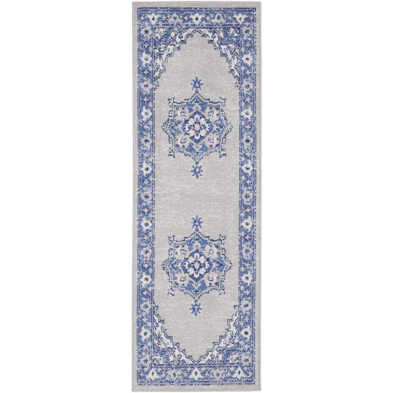 Grey Blue Floral Synthetic Runner Rug 2' x 8'