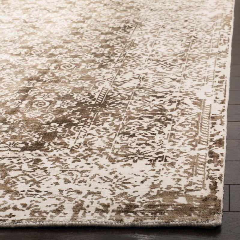 Elegant Ivory and Light Brown Hand-Knotted Wool-Viscose 6' x 9' Rug