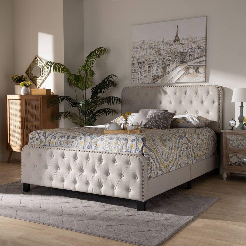 Beige Queen Upholstered Tufted Bed with Nailhead Trim