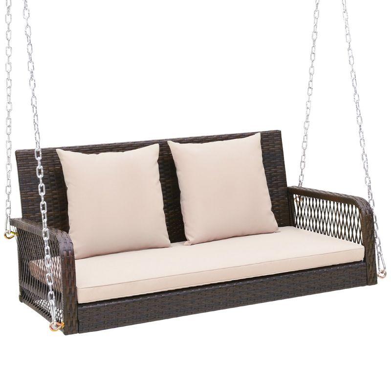 Tangkula Wicker Outdoor Porch Swing 800 LBS Capacity Outdoor Swing Bench w/ Hanging Chains Beige