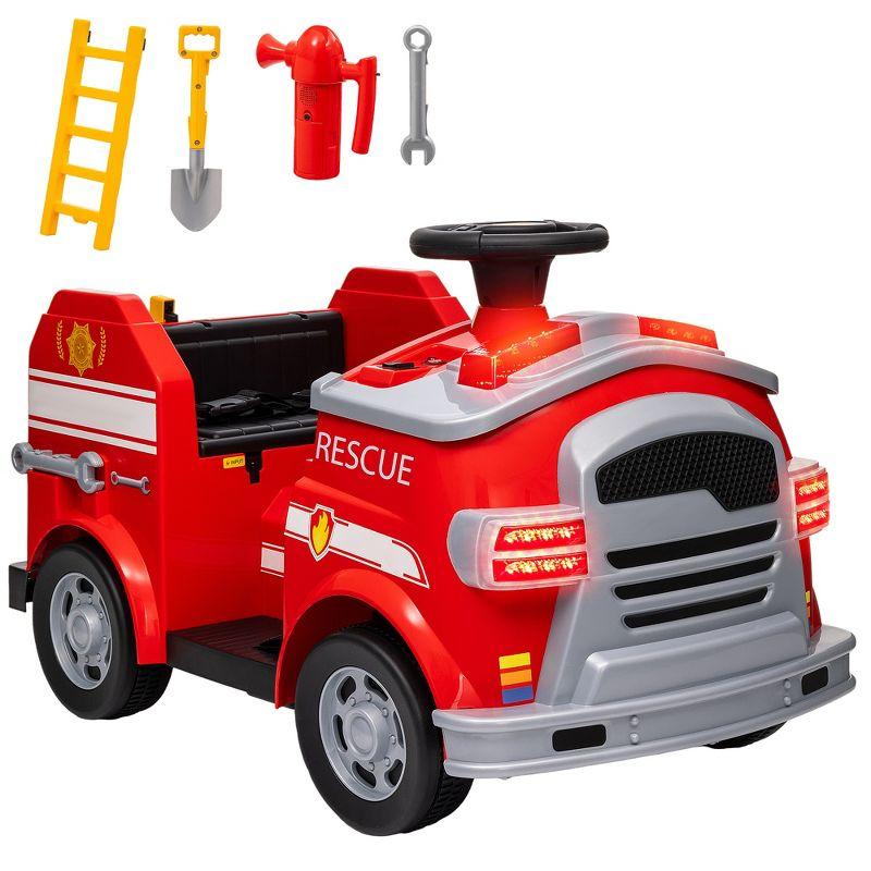 Qaba Qaba 12V Ride on Fire Truck with Siren, Lights, Soft Start, Horn Music, Red