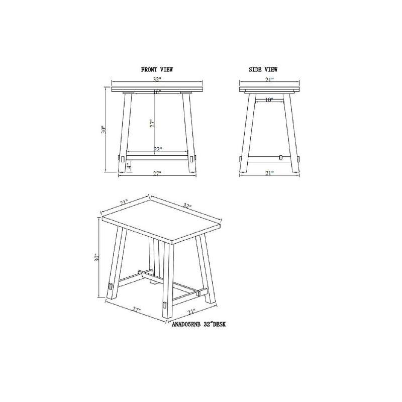 32" Small Adam Solid Wood Desk Rustic Natural - Alaterre Furniture: Industrial Sawhorse Leg, Pine Surface