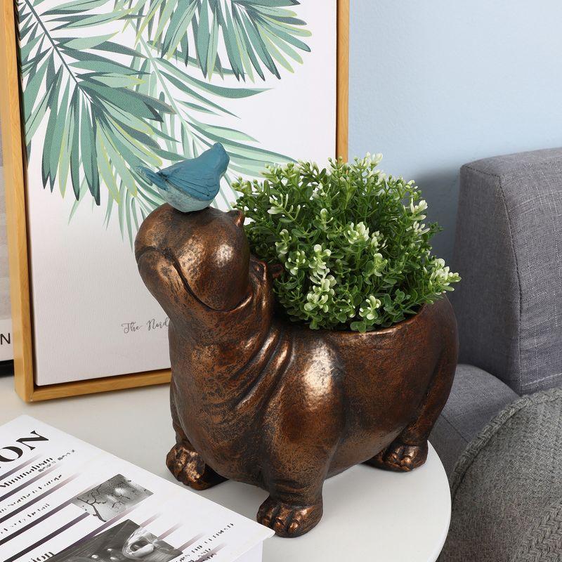 LuxenHome Brown Hippo and Blue Bird MgO Flower Pot Planter