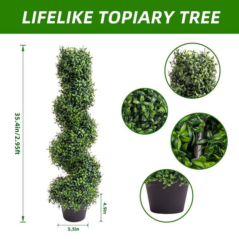 35 Inch Artificial Boxwood Topiary Outdoor Set of 2, Faux Plant Spiral Tree in Pot