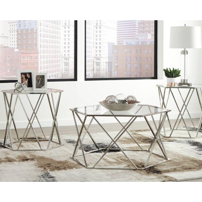 Madanere Hexagonal Chrome and Glass 3-Piece Table Set