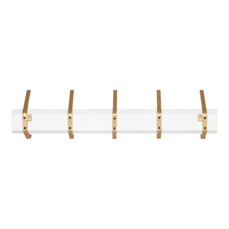 White and Gold Wall-Mounted Wood Coat Rack with 5 Hooks