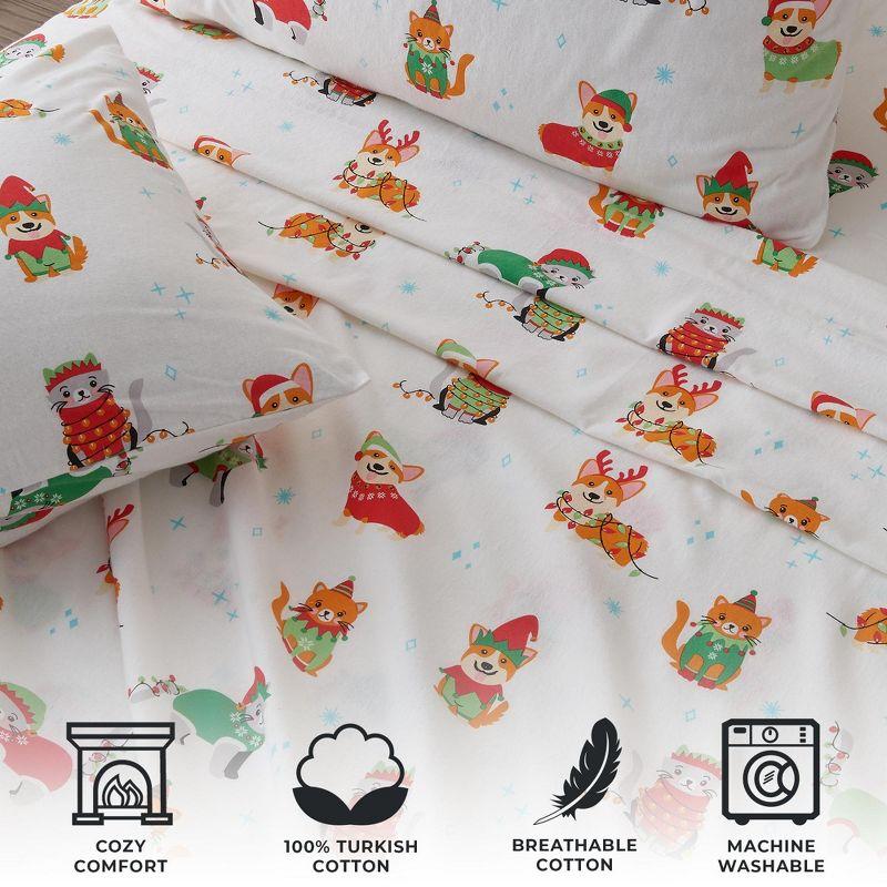 100% Cotton Christmas Flannel Sheets - Great Bay Home (Queen, Dog Cat Christmas)