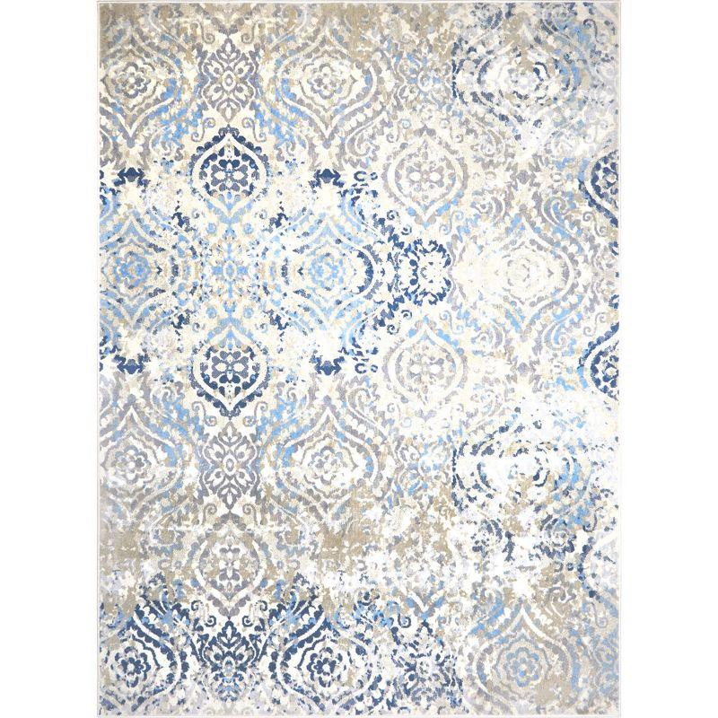 Ivory and Blue Moroccan Damask 9' x 12' Area Rug