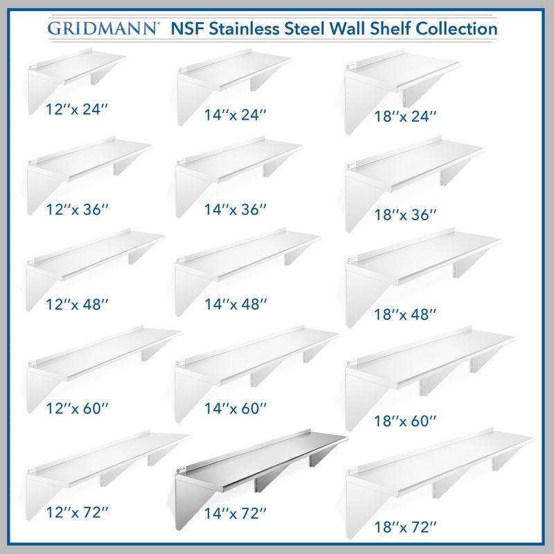 GRIDMANN 14" Deep Stainless Steel Kitchen Wall Mount Shelves with Backsplash - NSF Certified