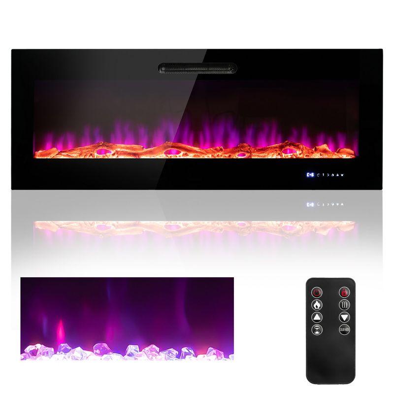 Costway 50'' Electric Fireplace Recessed Wall Mounted Heater W/ Decorative Crystal & Log