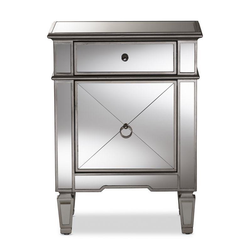 Claudia Hollywood Regency Glamour Style Mirrored Nightstand - Baxton Studio: Silver Lacquered, MDF Composite, No Assembly Required