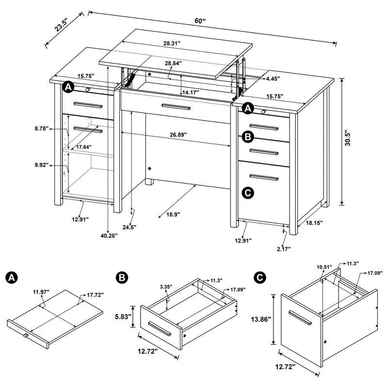 Dylan 4 Drawer Standing Office Desk with Cabinet White High Gloss - Coaster: Lift Top, Ergonomic Design, Brushed Zinc Handles