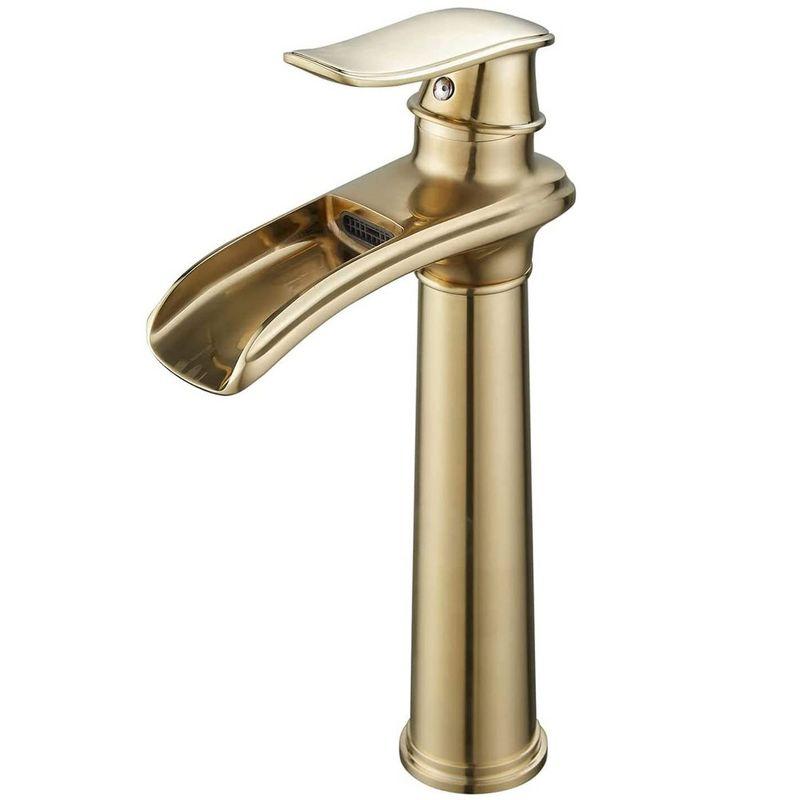 Brushed Gold Tall Single Handle Waterfall Vessel Sink Faucet