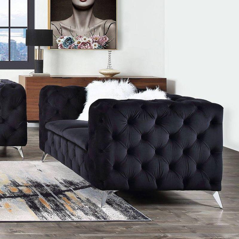 Contemporary Black Velvet Tufted Loveseat with Metal Legs