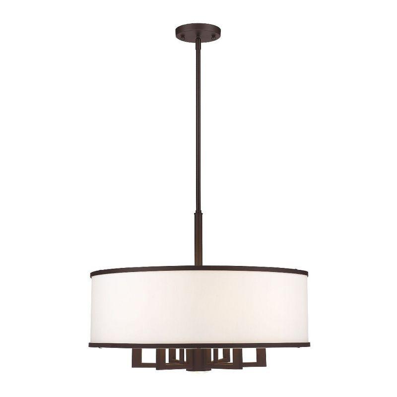 Elegant Off-White Fabric and Bronze Finish Drum Pendant Chandelier