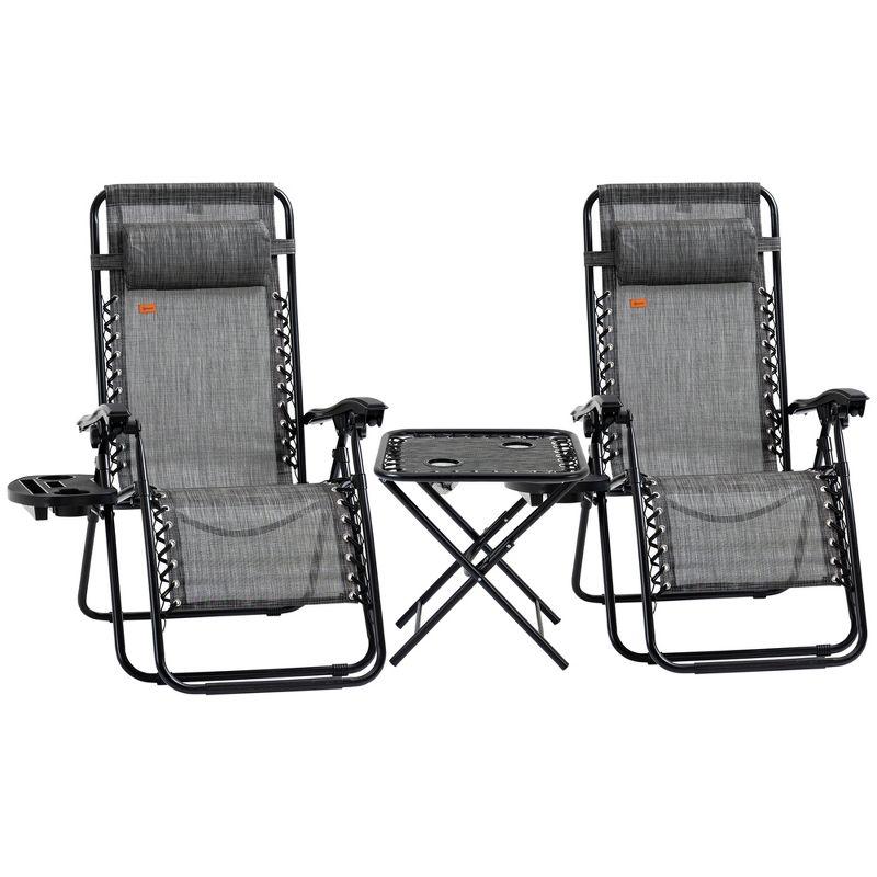 Outsunny Zero Gravity Chaise Lounger Chair 3-Piece Set, Folding Reclining Patio Chair with Side Table, Cup Holder and Headrest for Poolside, or Camping