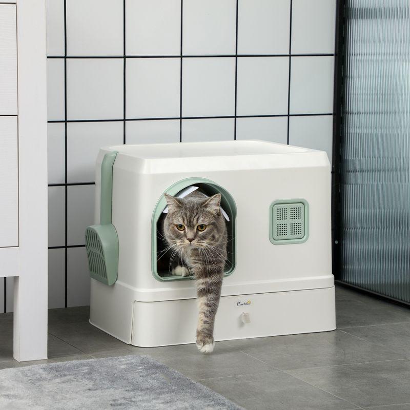 PawHut White and Green Covered Cat Litter Box with Scoop