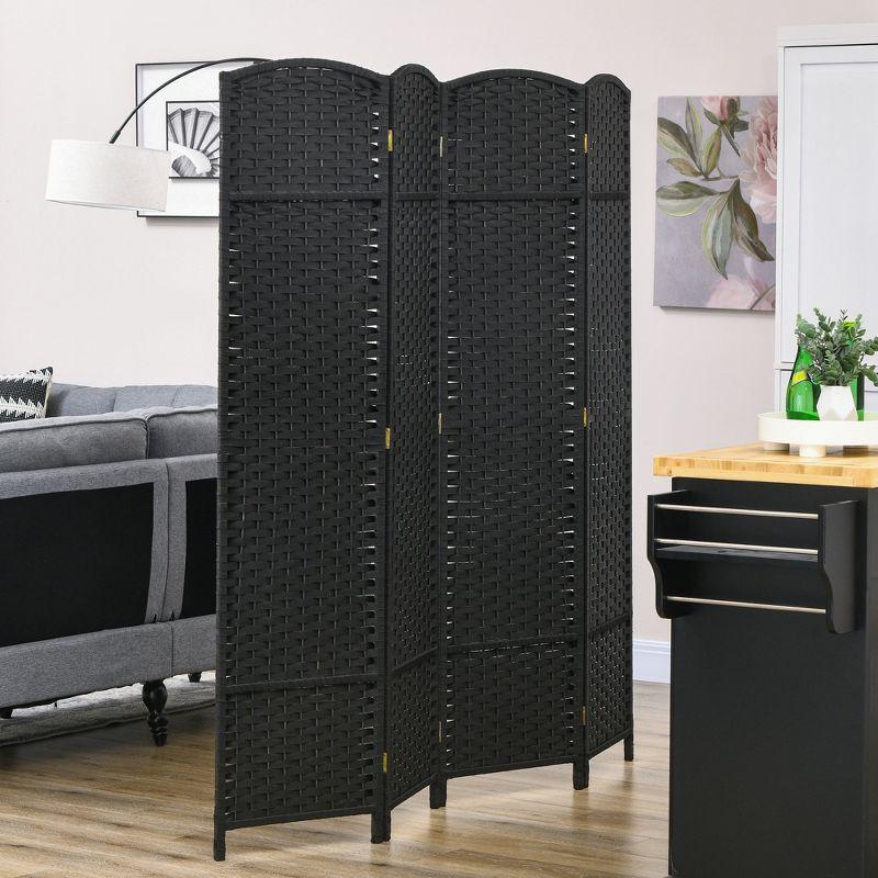 Black 4-Panel Folding Privacy Screen with Pine Wood Frame