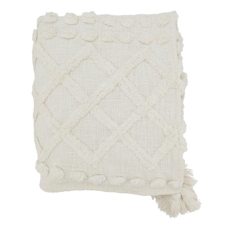 White Cotton Tufted Throw Blanket with Tassels, 50"x60"