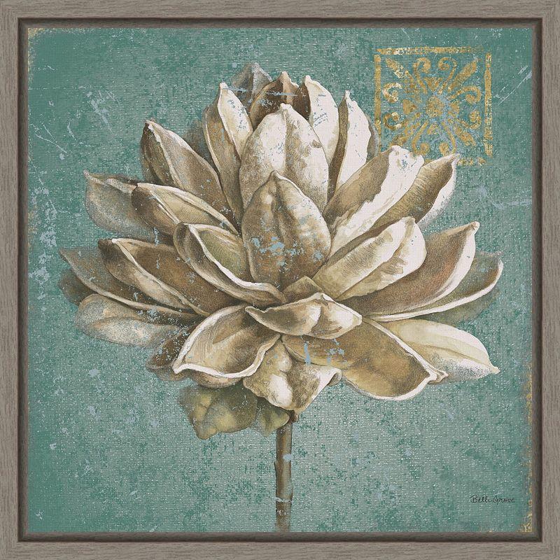 Turquoise and Beige Floral Canvas Print with Rustic Frame