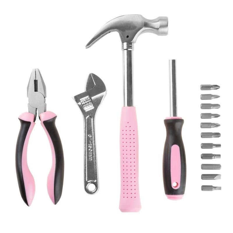 Fleming Supply Household Hand Tool Set Including a Hammer, Wrench, Screwdriver, and Pliers 15pc – Pink