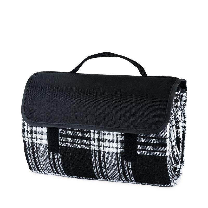 Black Plaid Waterproof Foldable Picnic Blanket with Handle