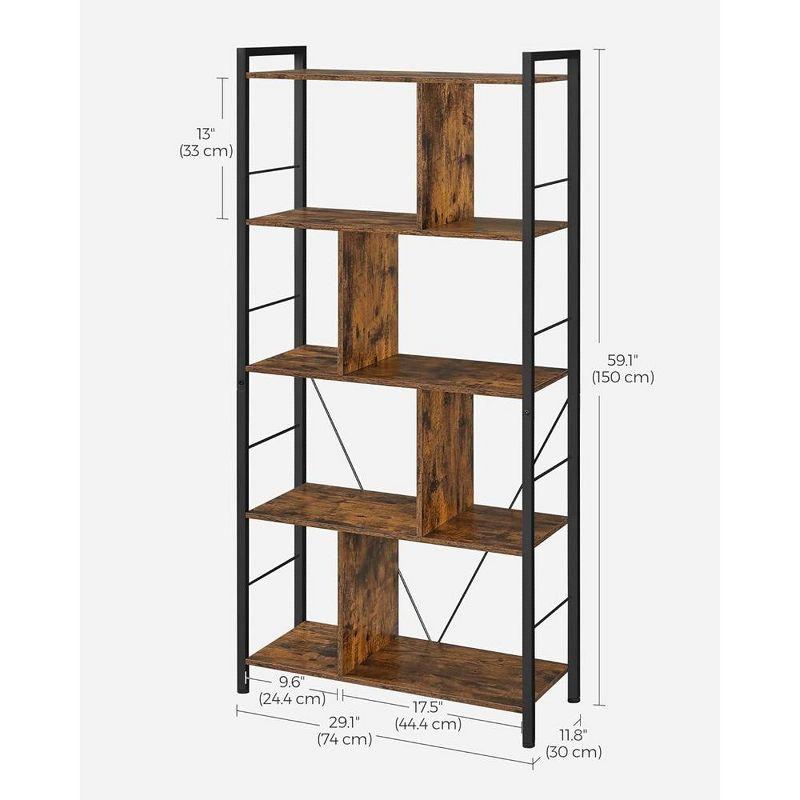 VASAGLE Bookshelf, 5-Tier Bookcase, Display Shelf with Open Compartments, 11.8" D x 29.1" W x 59.1" H, Rustic Brown and Black