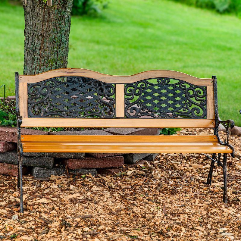 Sunnydaze 2-Person Ivy Crossweave Design Cast Iron and Wood Frame Outdoor Garden Bench