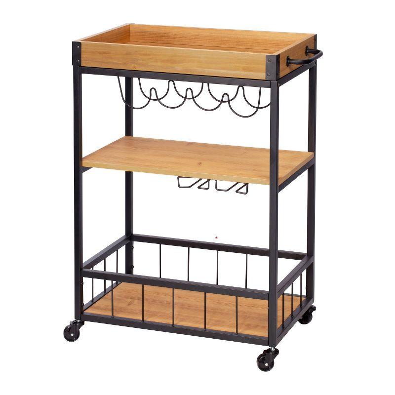 Rustic Fir & Dark Steel Rolling Bar Cart with Wine Storage