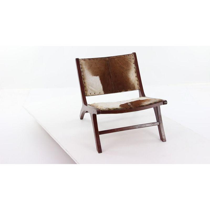 Set of 2 Rustic Goat Leather and Teak Accent Chairs Brown - Olivia & May: No Assembly, Indoor Use