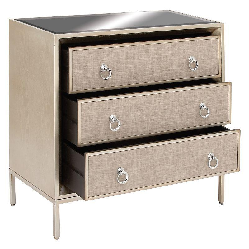 Imboden Wooden Upholstered Front Panel 3 Drawer Room Chest with Mirrored Top and Ring Handles