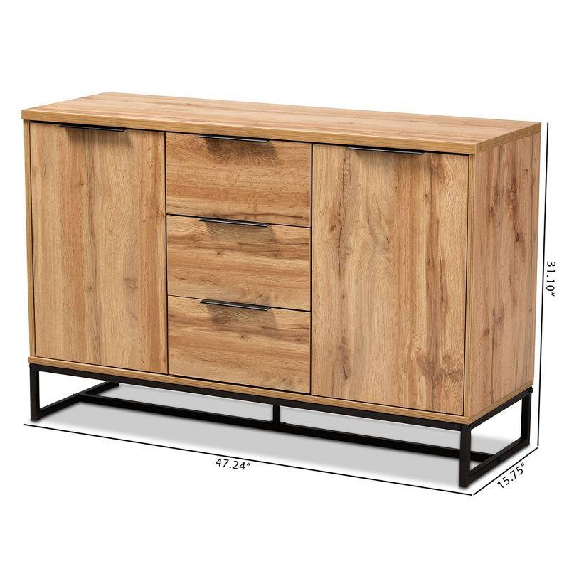 Baxton Studio Reid Wood & Metal 3 Drawer Sideboard Buffet Oak/Black : Farmhouse Style, Fixed Shelves, Storage Cabinet